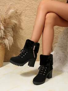 女士时尚仿毛皮花卉装饰侧拉链高跟靴，秋冬新款，百搭增高踝靴，黑色保暖靴 - 黑色 - 查看 2