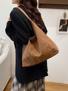 豹纹大容量复古2025秋冬新款单肩手提水桶包，通勤风格 - 棕色 - 查看 4