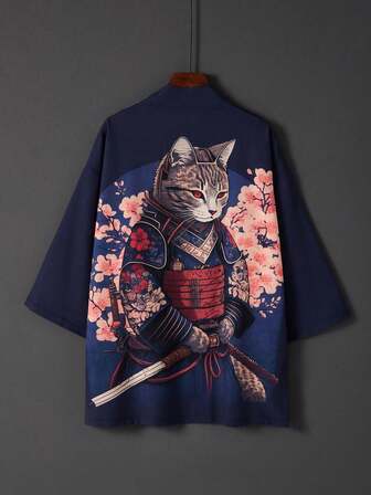 Vintage Japanese Samurai Cat Print Kimono Cover Up Thin Jacket, Loose Fit Plus Size, Suitable For Summer Beach Resort Wear, Swimsuit Cover Up