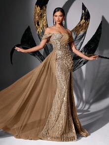 Fairy Style Pink Sequin Beaded Strapless High Slit Mermaid Prom Dress - Champagne - View 6