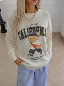 Áo len chui đầu cổ tròn in họa tiết gấu kỹ thuật số thời trang cỡ lớn cho nữ, thích hợp mặc hàng ngày, đi làm và mua sắm, mùa thu/đông - Màu be - Xem 1