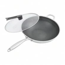 Wok de acero inoxidable con panal, sartén antiadherente con tapa, sartén para saltear apta para cocinas de gas, de inducción cóncava, cerámica y eléctricas (36 x 9,4 cm) - Negro, Plata - Ver 7