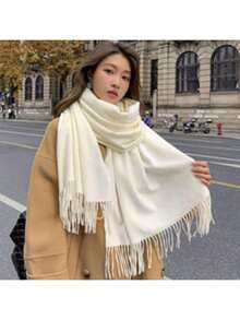 1pc Women's Tassel White Scarf, Thick Warm Shawl, Solid Color Design, Multi-Functional Neck Warmer, Suitable For Cold Weather And Daily Wear, Autumn/Winter - Christmas & New Year Gift, Casual Accessory - Multicolor - View 1