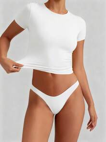 XLLAIS 小圆领短袖纯色修身基本款女士休闲T恤夏季度假白色上衣 - 白色 - 查看 2