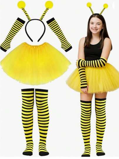Set de 4 piezas: Falda de ballet mini de accesorio de disfraz de abeja para fiesta de carnaval + diadema de abeja + calentadores de piernas a rayas