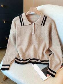 Spring/Summer Women Ribbed Knit Polo Collar Sweater And Pleated Skirt Set With Button Detail, Collegiate Style Casual Fashion Outfit - Oatmeal Color - View 3