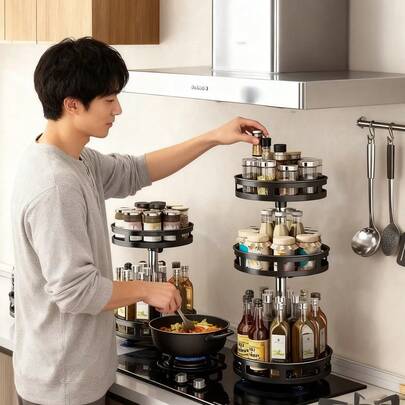 1pc Multi-Layer High Capacity Rotating Metal Kitchen Spice Rack, Minimalist Korean/Japanese Style Black Multi-Layer Rotating Classified Storage Spice Bottle/Jar Organizer Rack, Suitable For Kitchen Cooking & Japanese Cuisine Scenes All Year Round