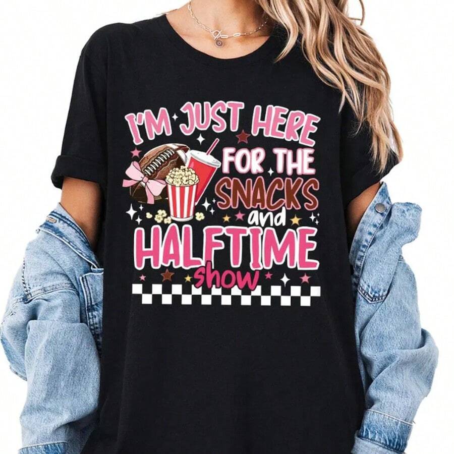American Football Snacks Shirt, Funny Football Bowl Shirt, Snacks Commercials Halftime Show Shirt, Pink Bow Shirt, Women's Sports Short Sleeve T-Shirt Women Gifts For Mom Birthday, Football Fan Tee, 100% Cotton Oversized Printed T-Shirts, Unisex Casual Round Neck Short Sleeve Tee, 1pcs Fashion Shirt - 黑色001 - 查看 1