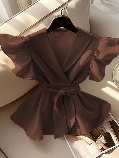Elegant V-Neck Solid Color Ruffle Sleeve Tie Waist Shirt With Sash