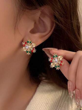 1对圣诞水钻雪花耳环，时尚创意珍珠耳钉，女士款