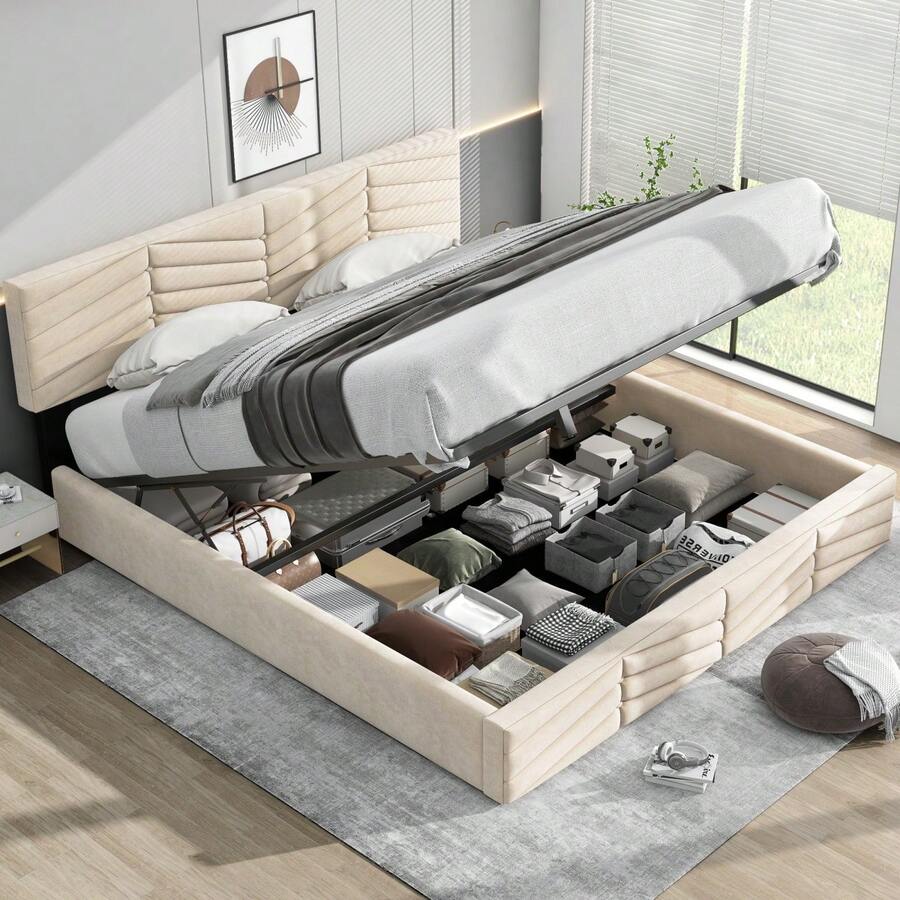 Cama tapizada, cama doble, cama con función hidráulica, terciopelo, estilo a rayas, cama continental, cabecero ajustable en altura, 140 x 190, gris - Beige + Terciopelo + 160 cm x 200 cm - Ver 1