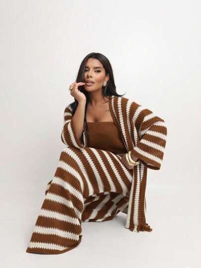 LARISSA KNITTING Trijunto Conjunto tricot feminino calça pantalona + top e Kimono