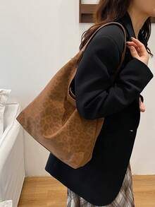 豹纹大容量复古2025秋冬新款单肩手提水桶包，通勤风格 - 棕色 - 查看 3