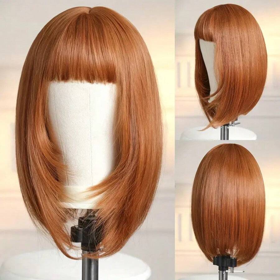 Parrucca dritta arancione da 16 pollici con frangia per donna - Capelli sintetici resistenti al calore, adatta ai principianti, perfetta per uso quotidiano e feste