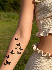 STARTTOOS Black Dynamic Butterfly & Floral Pattern Temporary Tattoo Stickers, Suitable For Fingers, Ears, Shoulders, Neck, Collarbone, Etc., DIY Daily Party Holiday Gift, Waterproof Realistic Tattoo Stickers - Black - View 5