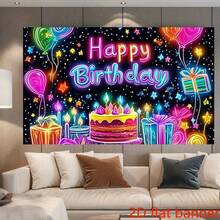 2D Flat Banner - Attractive Birthday Party Banner With Colorful Neon Lights, Balloons And Star Designs, With A Durable Polyester Backing - 1 - View 4