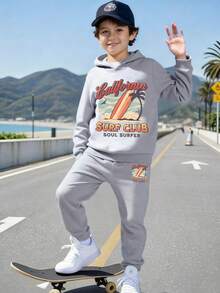 Tween Boy 2pcs Summer Beach Surfboard Print Hoodies+Summer Beach Surfboard Print Pants Suit Autumn Winter Collection - Grey - View 11