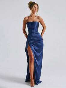 Elegant Sexy Pleated Satin Slit Dress, Cocktail Party Gown, Wedding Guest Bridesmaid Dress, Formal Ball Gown Strapless Dress - Navy Blue - View 2