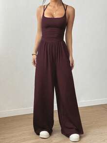 Swisz Women's Long Leg Jumpsuit With Double Straps And Front Pleats, Elegant Casual Style - 鏽棕色 - 查看 7