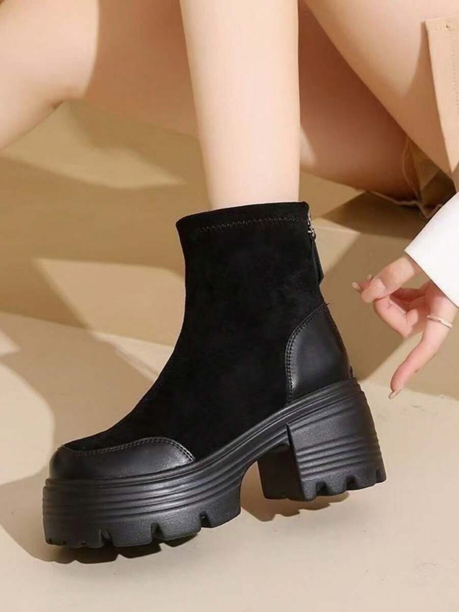 Preppy Vintage Stiefel für Damen, britischer Stil, Plateau-Sohle mit erhöhter Höhe und Chunky-Absatz Ankle Boots, Herbst/Winter - Schwarz - Übersicht 1