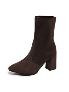 2025 Autumn/Winter New Suede Chunky Heel Ankle Boots For Women, Pointed Toe, Elastic Slim Fit Boots, Versatile - Brown - View 4