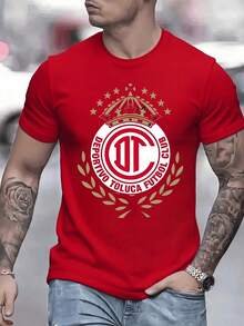 Historic Emblem Of Deportivo Toluca Football Club With Golden Crown, Laurels And Stars Symbolizing Glory, Victory And Sporting Tradition, Printed On A Men's Sports T-Shirt, 100% Cotton, 220g - 紅色 - 查看 1