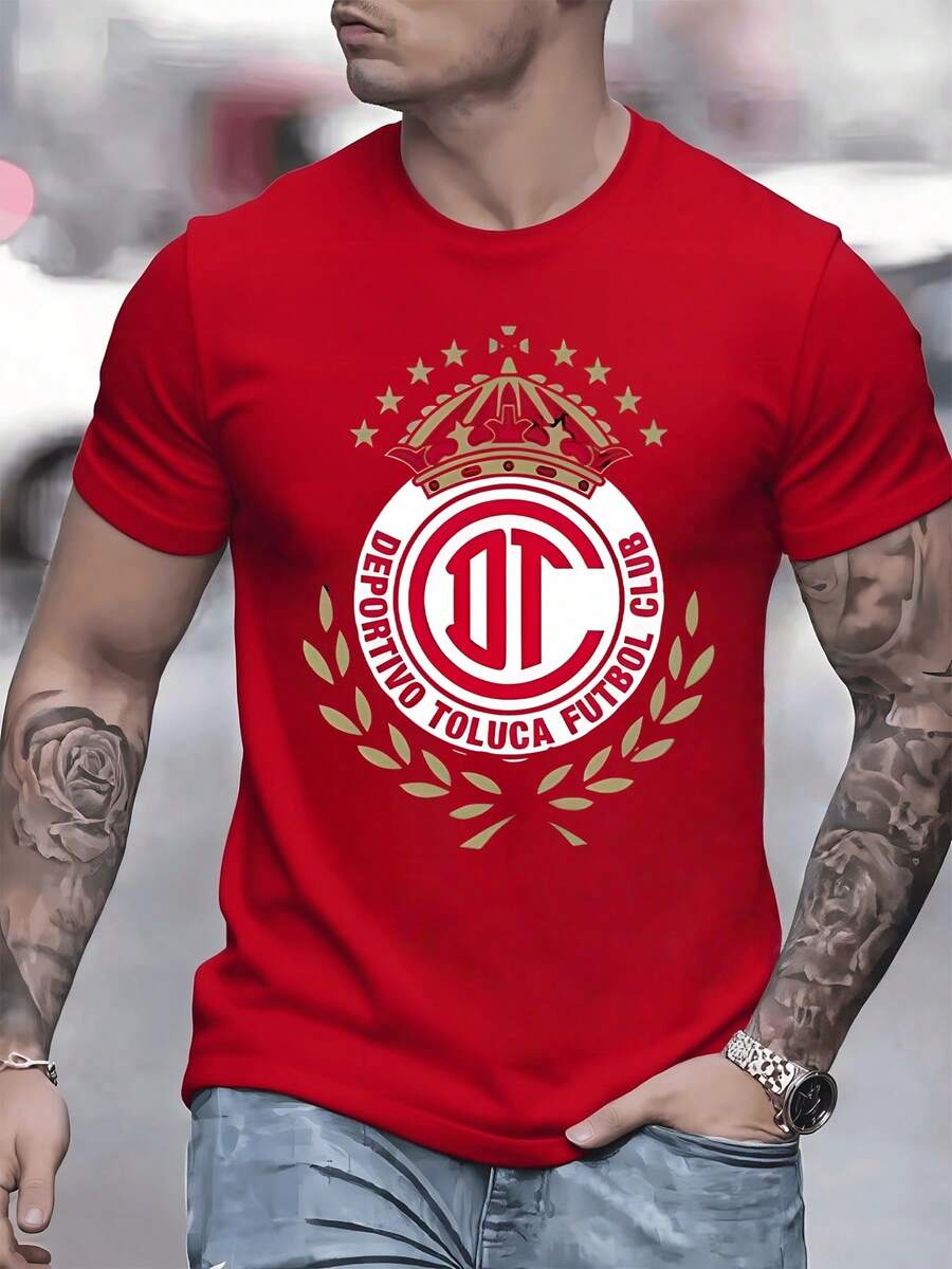 Historic Emblem Of Deportivo Toluca Football Club With Golden Crown, Laurels And Stars Symbolizing Glory, Victory And Sporting Tradition, Printed On A Men's Sports T-Shirt, 100% Cotton, 220g - 紅色 - 查看 1
