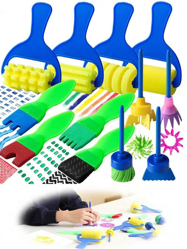 Pinceles para niños, 12 pinceles lavables, adecuados para juguetes de aprendizaje temprano para niños pequeños y niños, rodillos de espuma, manualidades con esponjas, regalos, proyectos artísticos que estimulan la imaginación, adecuados para Halloween, Navidad, regalos de cumpleaños, reutilizables.