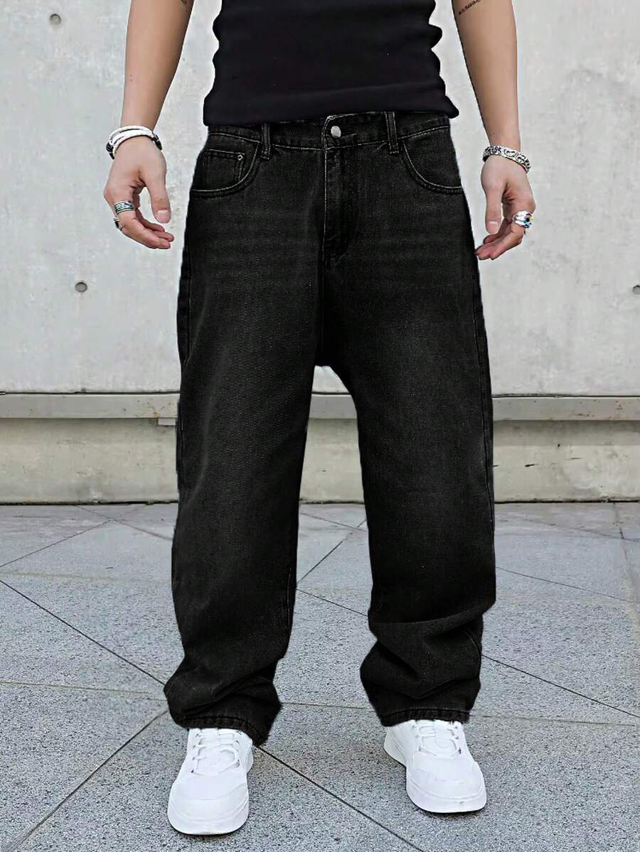 Y2K 男士新款水洗宽松牛仔裤，休闲四季百搭简约牛仔裤 - 黑色 - 查看 1