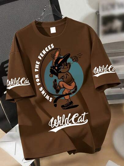 Teenage Boys' Cool Wildcat Baseball Print Soft Fabric T-Shirt, Casual Sportswear, Spring/Summer, Teenage Boys Tops