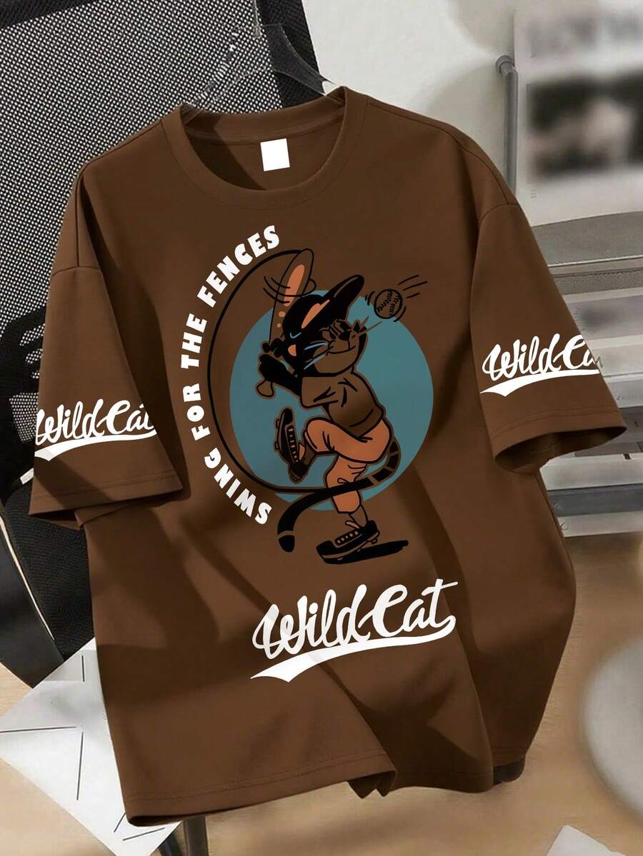 Teenage Boys' Cool Wildcat Baseball Print Soft Fabric T-Shirt, Casual Sportswear, Spring/Summer, Teenage Boys Tops - Brown - View 1