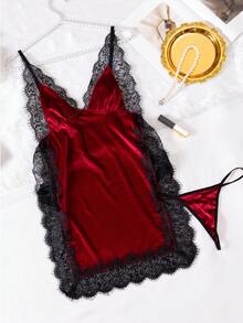 2pcs New Velvet Lace Sexy Lingerie Set - Spaghetti Strap High Slit Mini Dress And Panty - Burgundy - View 9