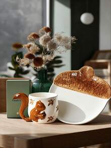 1 Set kreative Eichhörnchenschwanz-Griff, geprägtes Eichhörnchen & Ahornblatt handbemalte Keramik Kaffeetasse, Milchtasse, Frühstückstasse - Verschiedenfarbig - Übersicht 6