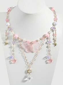 1件时尚粉色欧美风多巴胺项链，饰有甜美粉色蝴蝶、爱心、铃兰花和流苏多层颈链 - 粉色 - 查看 1