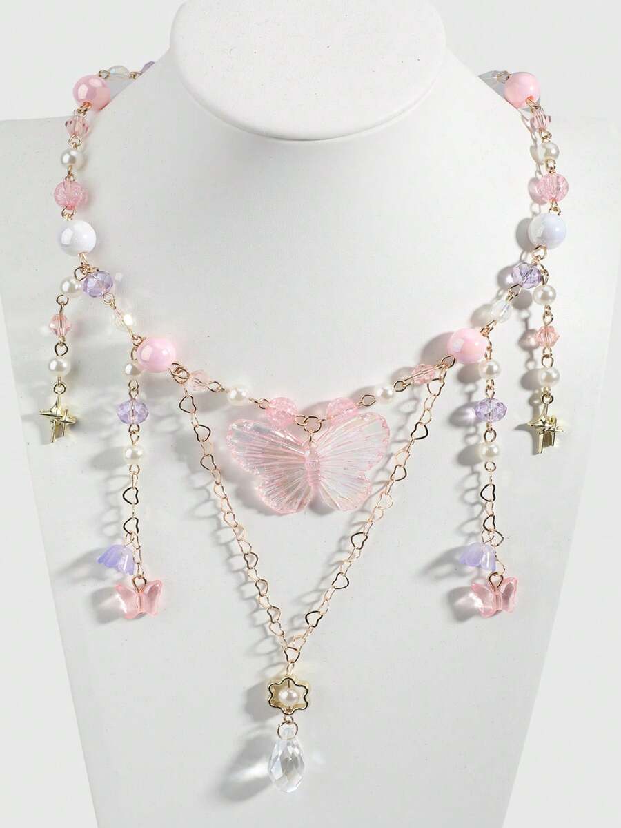 1件时尚粉色欧美风多巴胺项链，饰有甜美粉色蝴蝶、爱心、铃兰花和流苏多层颈链 - 粉色 - 查看 1