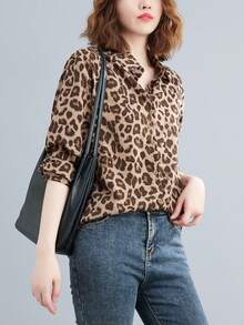 YUXIN 女士春夏复古豹纹衬衫，翻领长袖宽松款，适合日常外出/轻度社交场合，透气修身时尚上衣 - 咖啡 - 查看 2