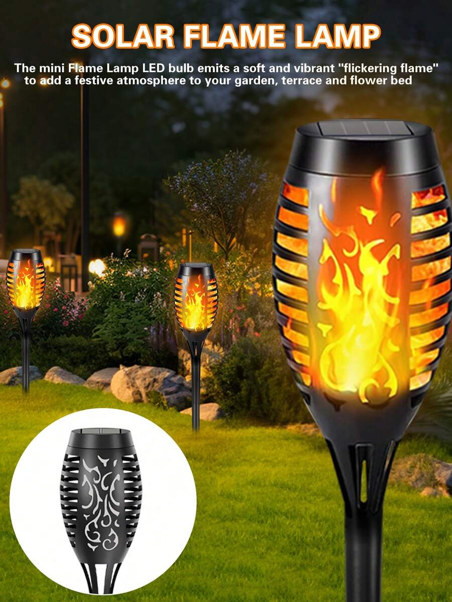 4pcs Outdoor Solar Torch Lights, Solar Path Lights, Solar Lawn Lights, Solar Garden Lights, Solar Flame Lights, Solar Lighting, IP44 Waterproof Ambient Lights, Suitable For Courtyards, Villas, Sheds, Gardens, Terraces, Parties, Picnics, Halloween Festivals, And Other Lighting Applications. - 黑色 - 查看 1