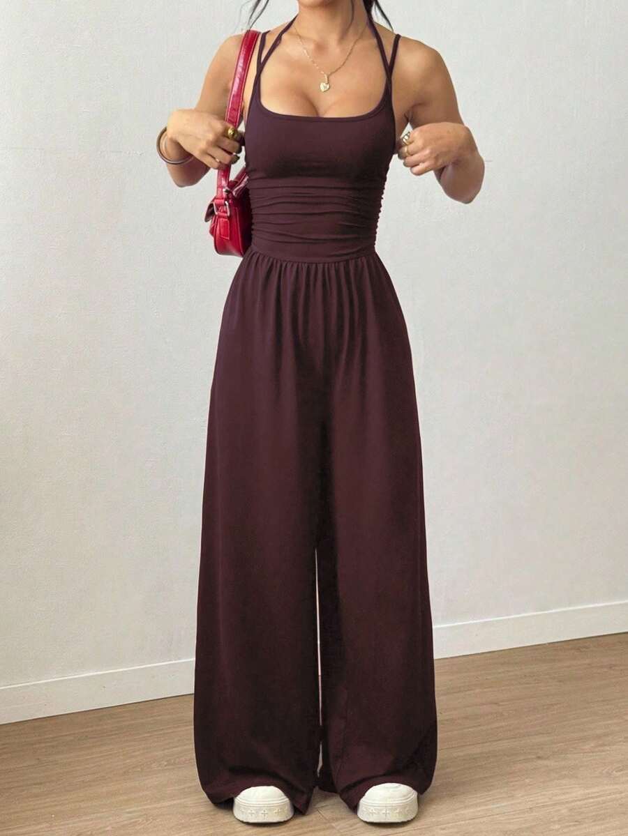 Swisz Women's Long Leg Jumpsuit With Double Straps And Front Pleats, Elegant Casual Style - 鏽棕色 - 查看 1