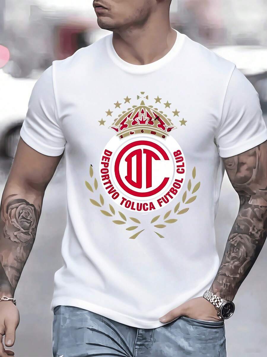 Historic Emblem Of Deportivo Toluca Football Club With Golden Crown, Laurels And Stars Symbolizing Glory, Victory And Sporting Tradition, Printed On A Men's Sports T-Shirt, 100% Cotton, 220g - 白色 - 查看 1