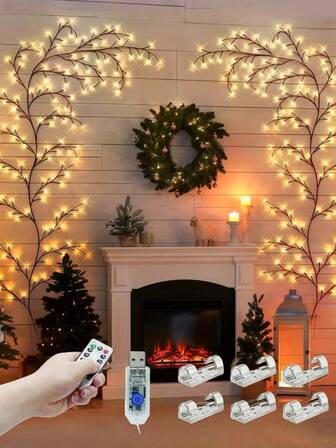 96LED-USB 供电人造树枝藤条灯，柔性柳树枝灯，8 种模式 96 LED 柳树枝灯，适用于家庭内墙卧室客厅装饰，适合派对、室内氛围、礼物