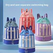 Dry Wet Separation Swimming Bag With Adjustable Shoulder Strap And Colorful Striped Drawstring Backpack - Durable Portable Beach Swimming Hiking Backpack For Travel, Sports, Outdoor Activities, Beach Bag, Sturdy Structure - Xanh nước biển - Xem 6
