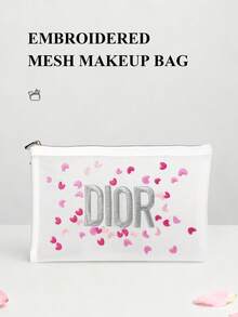 Christian Dior Cute & Elegant Girl's Cosmetic Bag, High-Quality Transparent Makeup Pouch With Embroidery, Pink Lovely Heart-Shaped Embroidery Design - Baby Pink - View 4