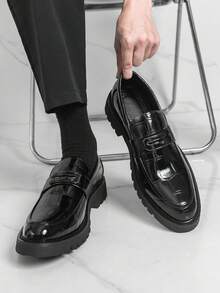 男士真皮鞋，英伦风，厚底增高鞋，压纹乐福鞋，休闲商务正装莫卡辛鞋 - 黑色 - 查看 2