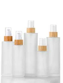 1pc Frosted Glass Pump Bottle With Bamboo Cap, 30ml/60ml/100ml Capacity, Portable Travel Cosmetic Container, Refillable Round Glass Bottle For Lotion, Shampoo And Body Wash, Essential For Back To School - Multicolor - View 6