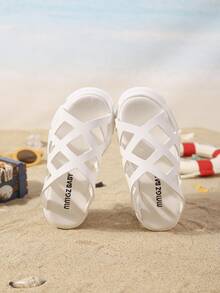 儿童时尚拖鞋，新款夏季加厚鞋底网眼镂空设计时尚舒适透气高跟儿童拖鞋 - 米色 - 查看 4