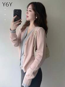 Y6Y 新款韩版春季粉色二合一女士针织开衫毛衣 - 粉色 - 查看 1