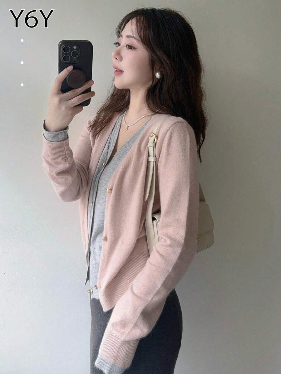 Y6Y 新款韩版春季粉色二合一女士针织开衫毛衣 - 粉色 - 查看 1