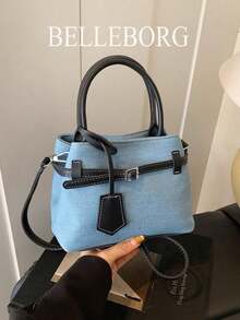 BELLEBORG Bolso de mano cuadrado pequeño de mujer versátil, elegante y casual, de lona y cuero con hebilla, en color de contraste y estilo vintage