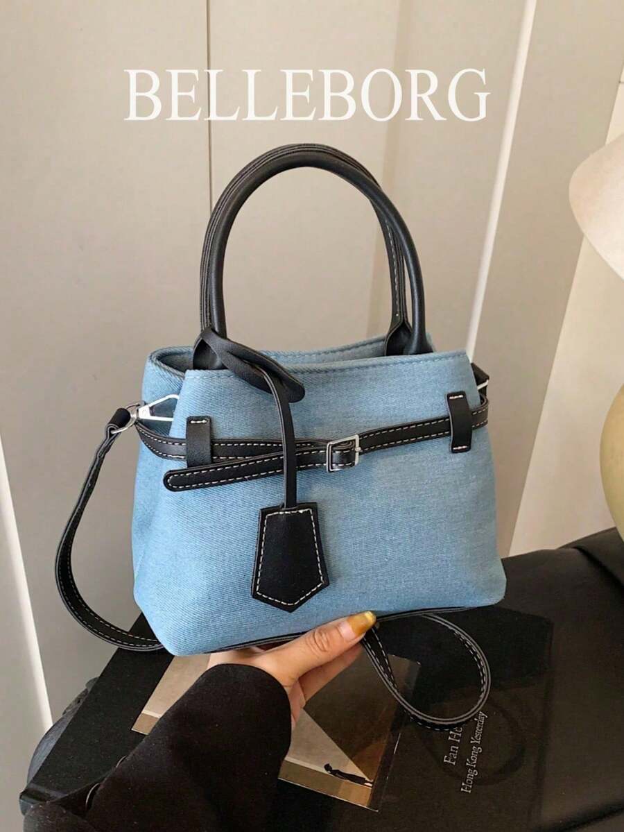 BELLEBORG Bolso de mano cuadrado pequeño de mujer versátil, elegante y casual, de lona y cuero con hebilla, en color de contraste y estilo vintage
