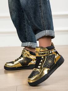 Boys' High-Top Leather Spider & Letter Print Anti-Slip Durable Hook And Loop Fashionable Mid-Top Sneakers - Black - View 5